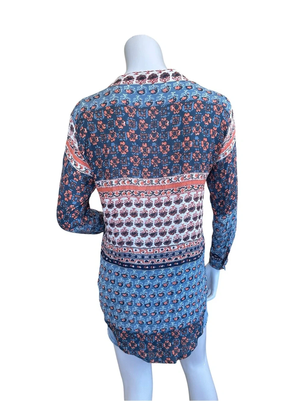 Free People Samba Orange Blue Paisley Tapestry Patchwork Boho Button Up Shirt XS